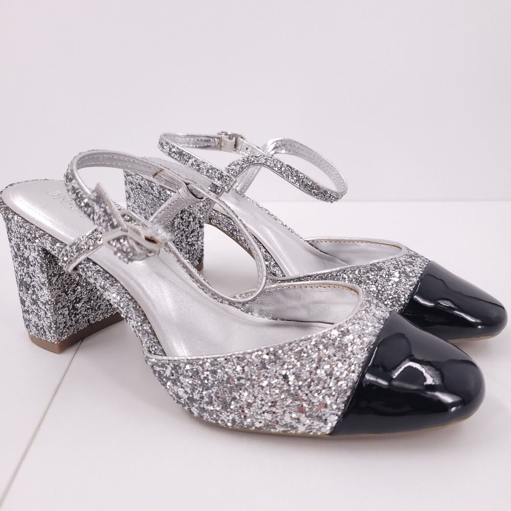 On 34th Dottip Silver Glitter Slingback Pumps Chunky Block Heels Womens 8‎ M
